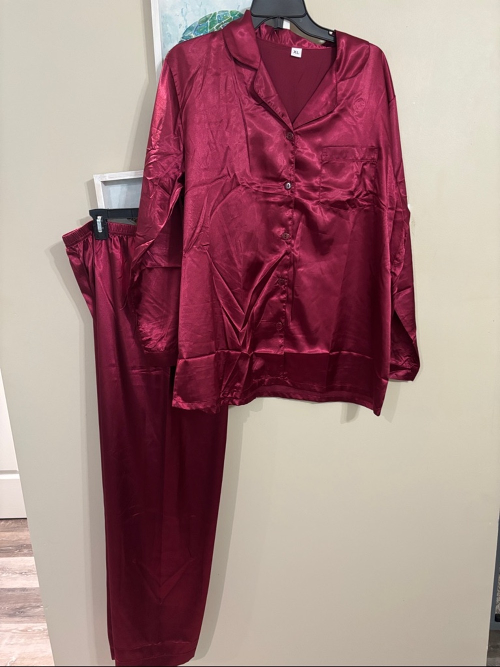 Silky Wine Red Women's Pajama Set - Satin Button-Up Top & Pants